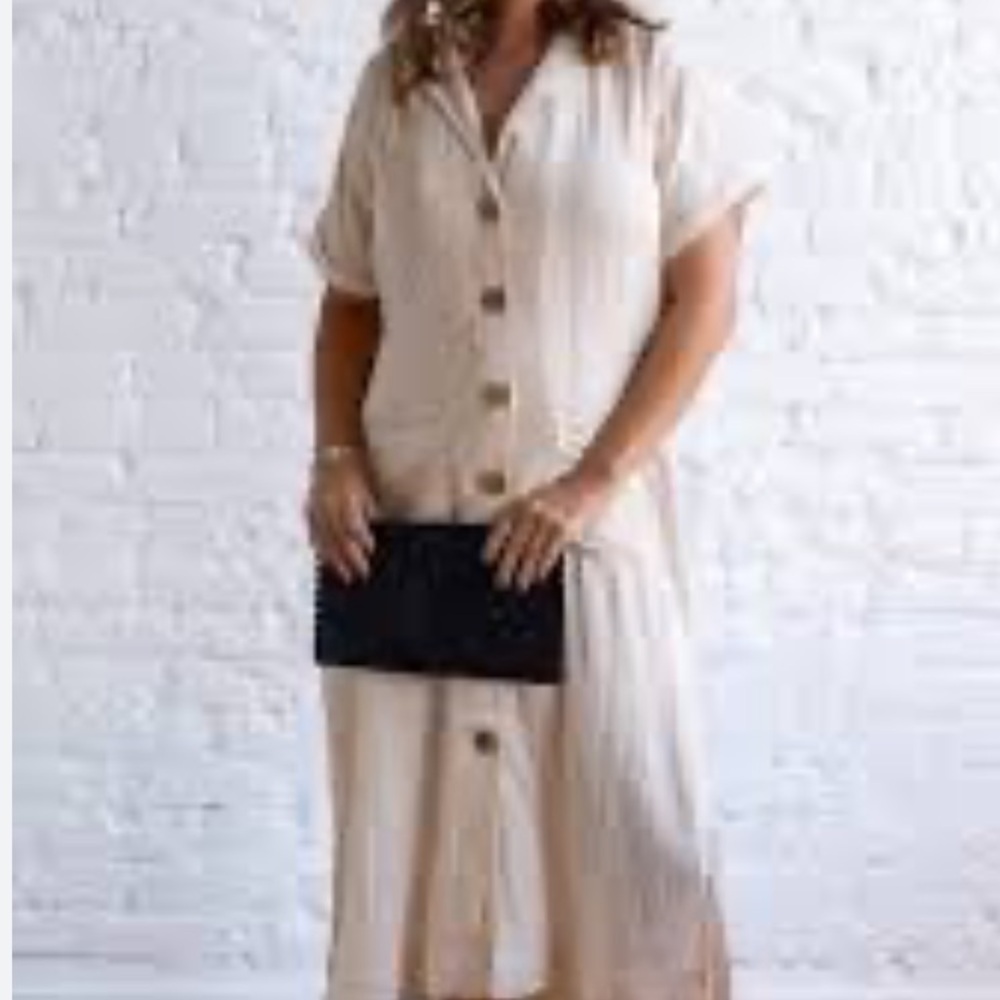 Button-Front Linen Cream Maxi Dress